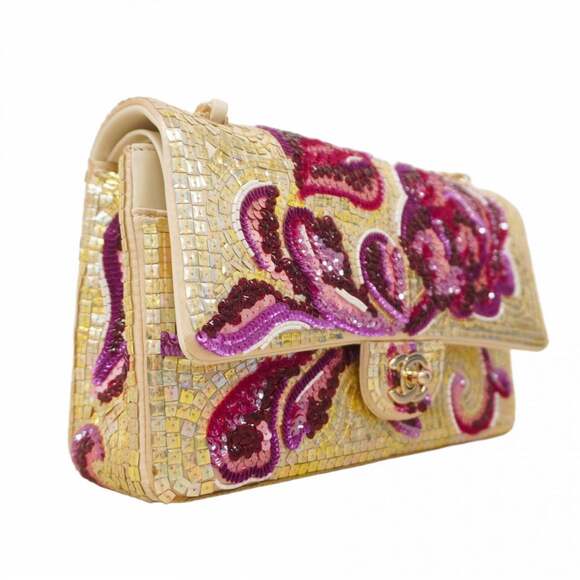 Chanel Shoulder Bag with Double Flap and Chain, Sequins, Gold, Pink, Champagne - Picture 2 of 12